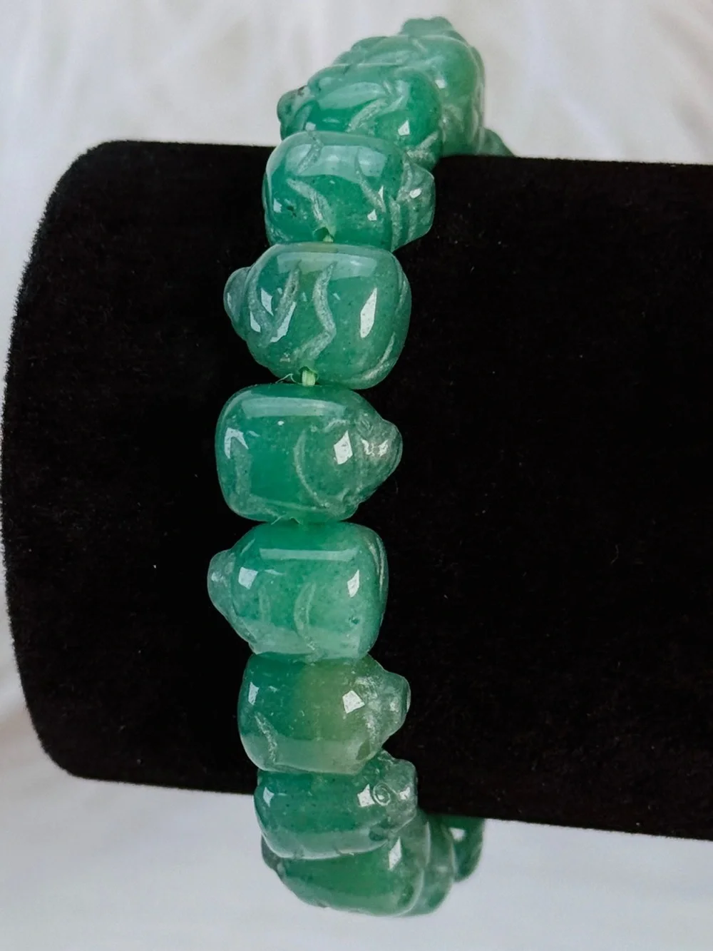 Vintage Hand Carved Green Stone Stretch Weighted  Bracelet
